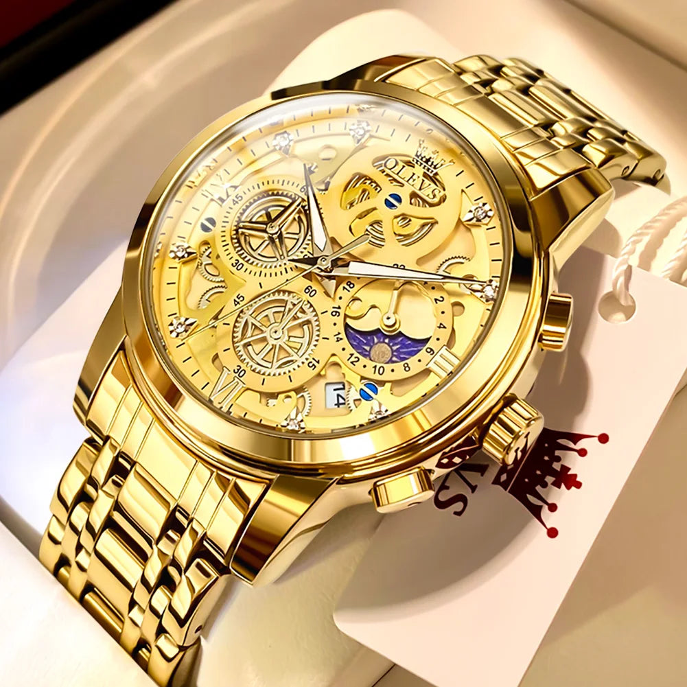OLEVS men’s watch – Luxury model, water-resistant, quartz, skeletonised style, 24-hour display (day/night), gold colour