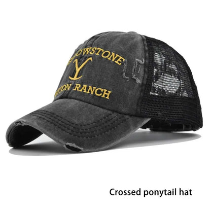 Summer Yellowstone Dutton Ranch Hat Cross Ponytail Baseball Cap Distressed Outdoor Embroidery Sunscreen Hat Solid Color Cap