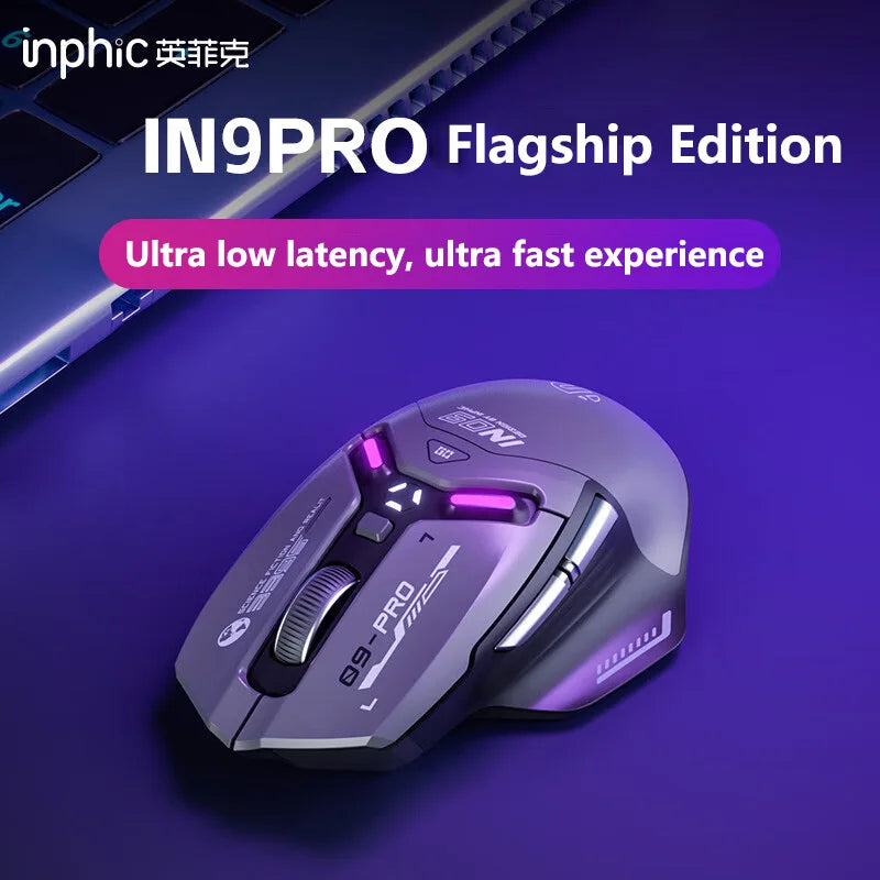 Ratón gaming inalámbrico Inphic IN9PRO 26000DPI, tasa de sondeo 8K, Bluetooth 5.0, con cable, 2.4G, trimodo, RGB, ergonómico