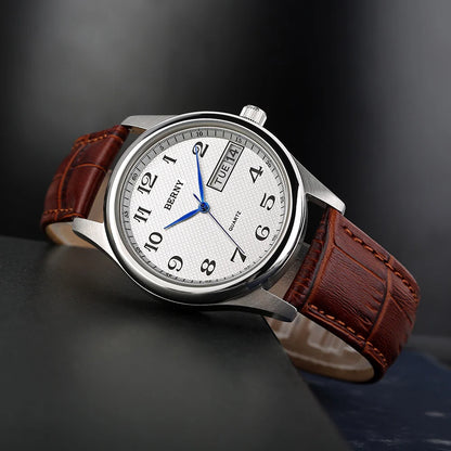 BERNY Men's Watch Quartz Day Top Calendar Wristwatch Waterproof Blued Steel Hands Arabic Numerals Easy Read Relogio Masculino