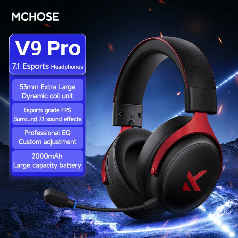 MCHOSE V9 Pro Gaming Headset Wireless Bluetooth Over-Ear Quad Mode Headphones with Microphone for PC Gaming Deep Bass ANC