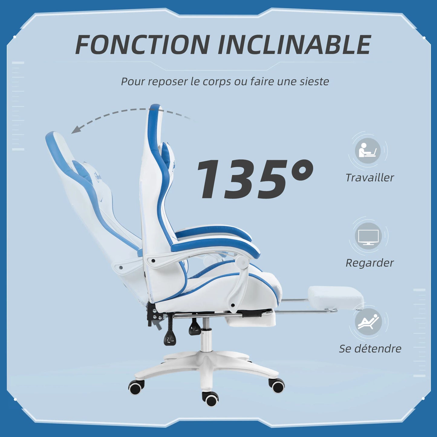 Ergonomic Gaming Chair with Footrest, 135° Reclining Backrest, Lumbar Support, Adjustable Height, Comfortable Racing Style Gaming Chair