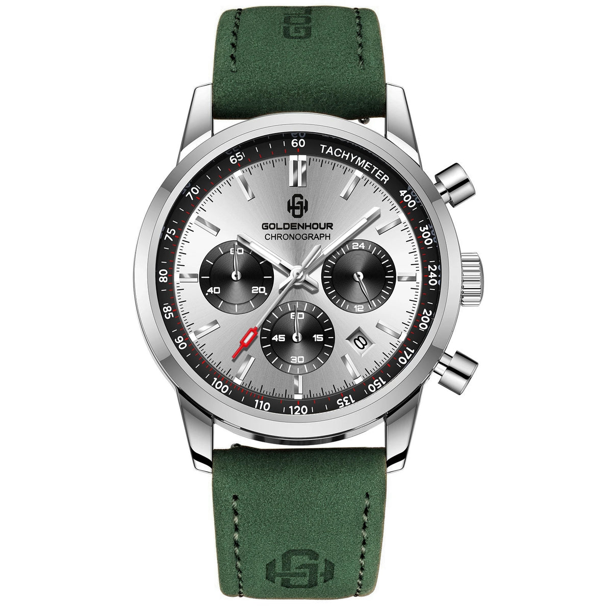 Reloj de lujo para hombre GOLDENHOUR: cronógrafo de cuarzo, esfera verde, correa de piel, resistente al agua, luminiscente, estilo militar y deportivo