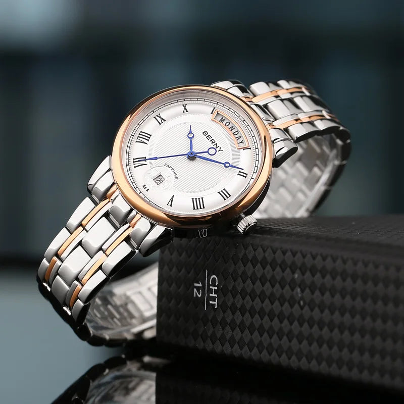 BERNY Women Watch Ladies Quartz Roman Numerals Day Top Calendar Watches Sapphire Glass Solid Steel Strap Women Wristwatch