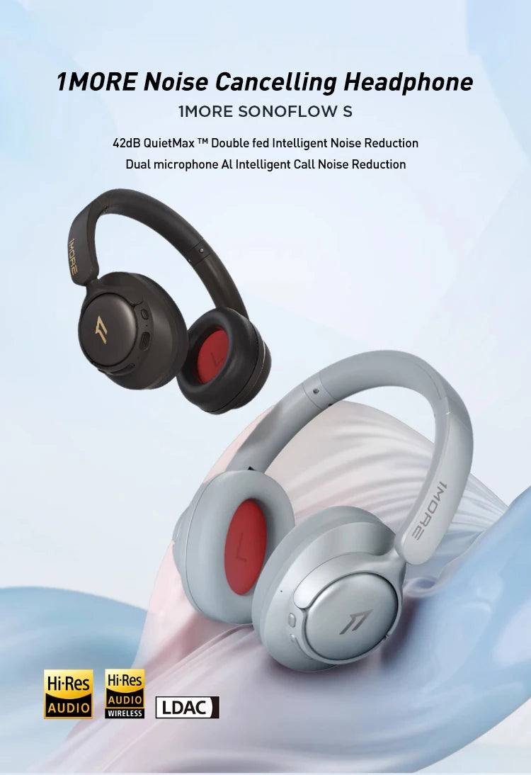 1MORE SonoFlow S Wireless Bluetooth Noise Cancelling Headphones 42dB ANC Hi-Res Audio 90H Battery Life Over-Ear Headset