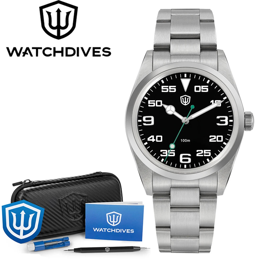 Relógio Watchdives WD1016 V3 37mm com movimento VH31 Sweep em aço inoxidável, safira de luxo, impermeável 100m, relógio para homem com caixa de oferta