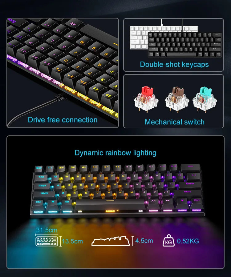 Mechanische 60%-Gaming-Tastatur, Gamer-Keyboard, mechanische Tastaturen für PC, Laptop und Büro, Mini-Keyboard, Klavye, Tasten, weiß