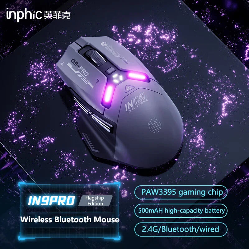 Ratón gaming inalámbrico Inphic IN9PRO 26000DPI, tasa de sondeo 8K, Bluetooth 5.0, con cable, 2.4G, trimodo, RGB, ergonómico