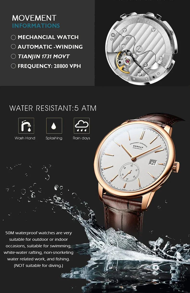 BORMAN BM3817 TOP Watch New 42 Luxury Men's Automatic Mechanical Watches Sapphire Ultra-thin 50M Waterproof Sub Dial Clocks