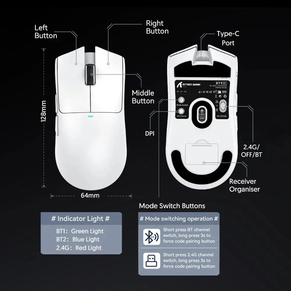Ratón gaming inalámbrico ultraligero ATTACK SHARK X11SE, vida útil de 20 millones de clics, PAW3311 Gaming, 22KDPI, 400IPS, 40G, 1KHz, 65 horas, 30mAH