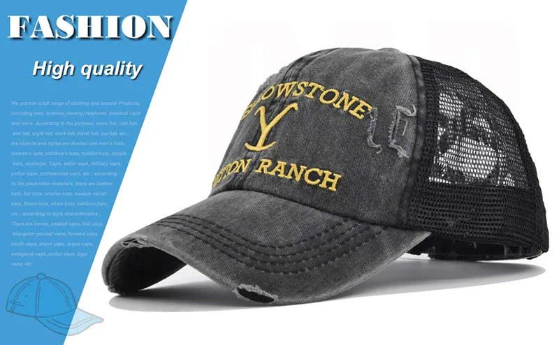 Summer Yellowstone Dutton Ranch Hat Cross Ponytail Baseball Cap Distressed Outdoor Embroidery Sunscreen Hat Solid Color Cap