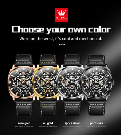 OLEVS 6685 Men's Watches Mechanical Wristwatch 30m Waterproof Luminous Leather Strap Original Man Watch