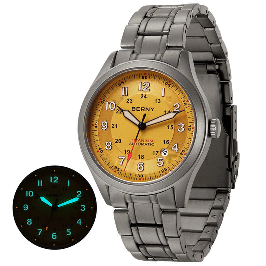 BERNY Full Titanium Automatic Watches for Men Super Luminous Sapphire Mechanical Field Watch Date 10ATM Sports Easy Read