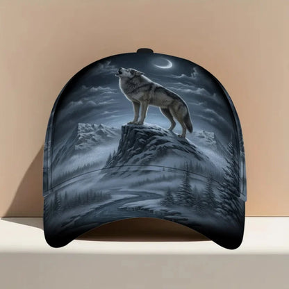 Boné clássico com estampado de lobo a uivar à lua, confortável e ajustável, com pala curva, ideal para uso diário e perfeito para a família