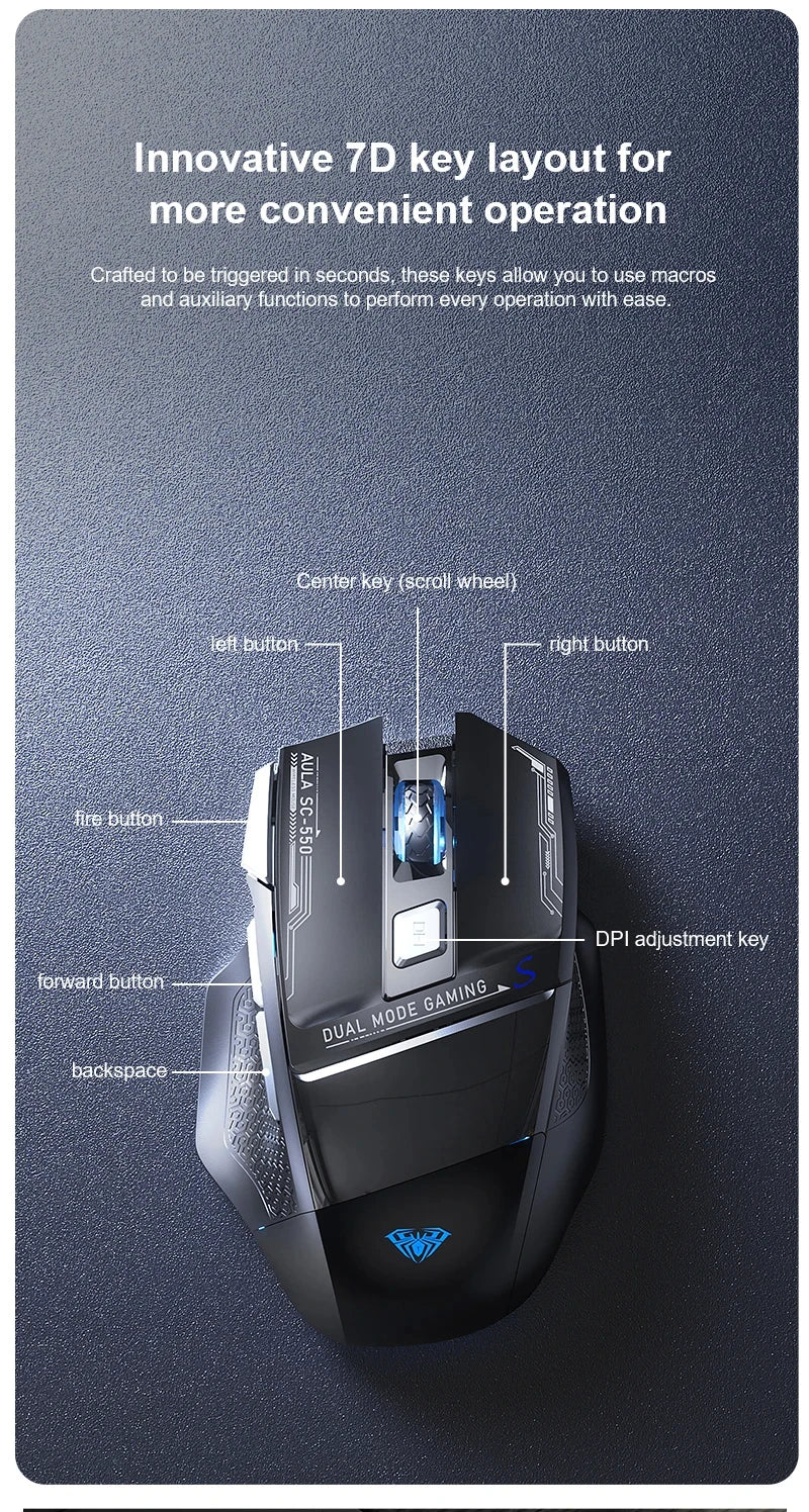 AULA SC550 bežični gaming miš, dvostruki način rada, punjivi svjetleći mehanički gaming miš za stolno/prijenosno računalo, e-sports USB miš