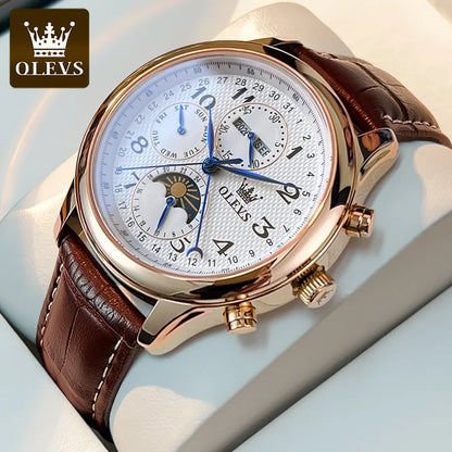 Montres pour hommes OLEVS 6667 avec phase de lune, 7 aiguilles, mécanisme automatique multifonction ; montre de luxe pour homme, idéale pour un style professionnel.