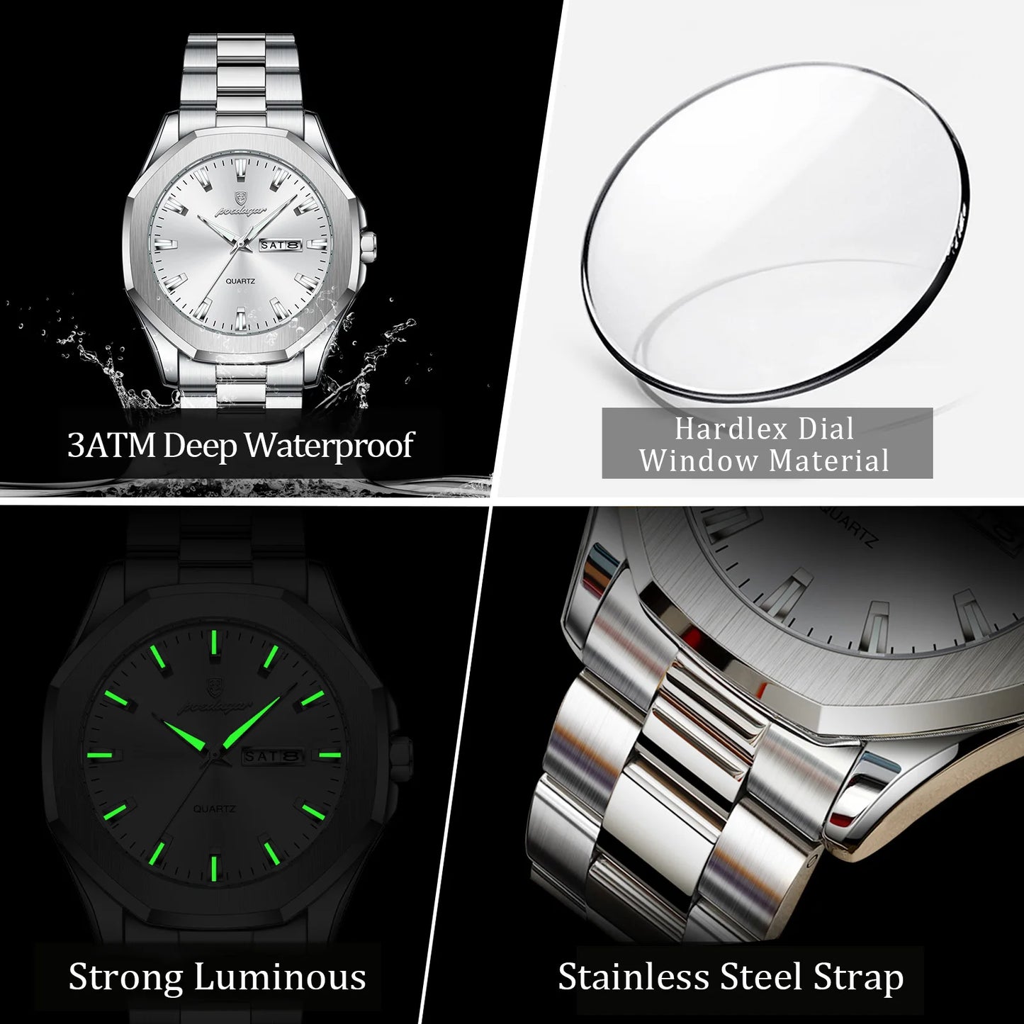 POEDAGAR Luxury Men Wristwatch Waterproof Luminous Week Date Casual Man Clock Stainless Steel Quartz Fashion Men's Watches Reloj