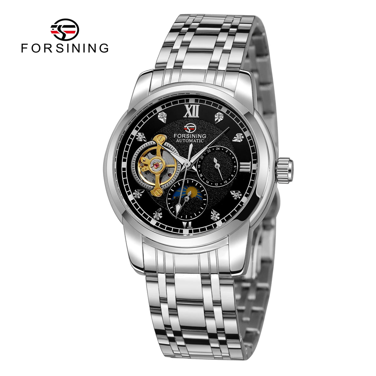 Forsining mekanisk automatisk herreur – Luksus-, forretnings- og modestil, metalarmbånd, tourbillon, selvlysende visere, prydet med syntetiske diamanter