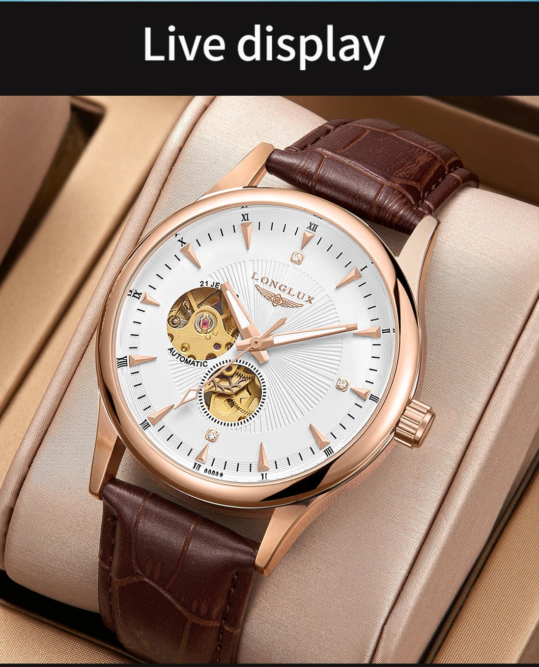 LONGLUX automatic watch elegant style wholesale mechanical wristwatches skeleton rome waterproof  mens watch men gift