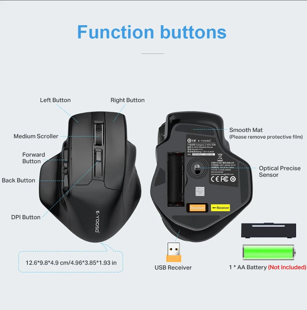 Rato sem fios E-YOOSO 2.4G PAW3212 4800 DPI, rato ergonómico para gaming e escritório, para notebook, PC, portátil e MacBook