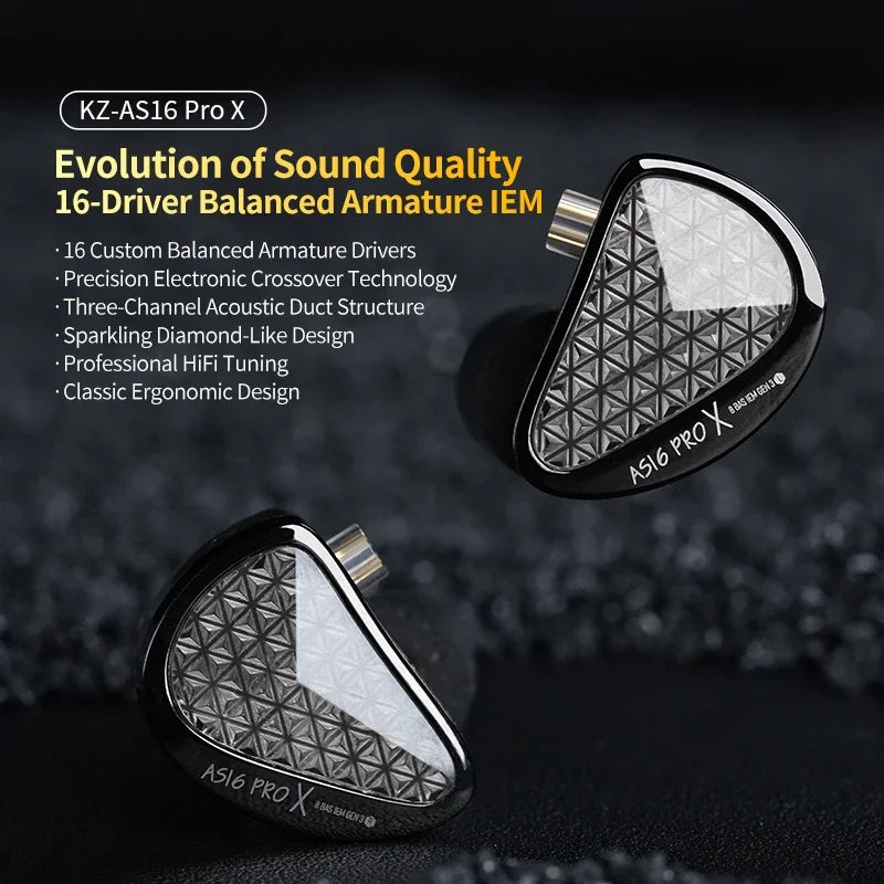 KZ AS16 PRO X HiFi In-Ear Monitor Earphones – 8 Balanced Armature Drivers Wired Headphones with Microphone