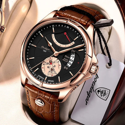 Montre-bracelet à quartz POEDAGAR pour homme – Style business, luxe, étanche, lumineuse, avec affichage de la date et bracelet en cuir – Montre élégante pour homme