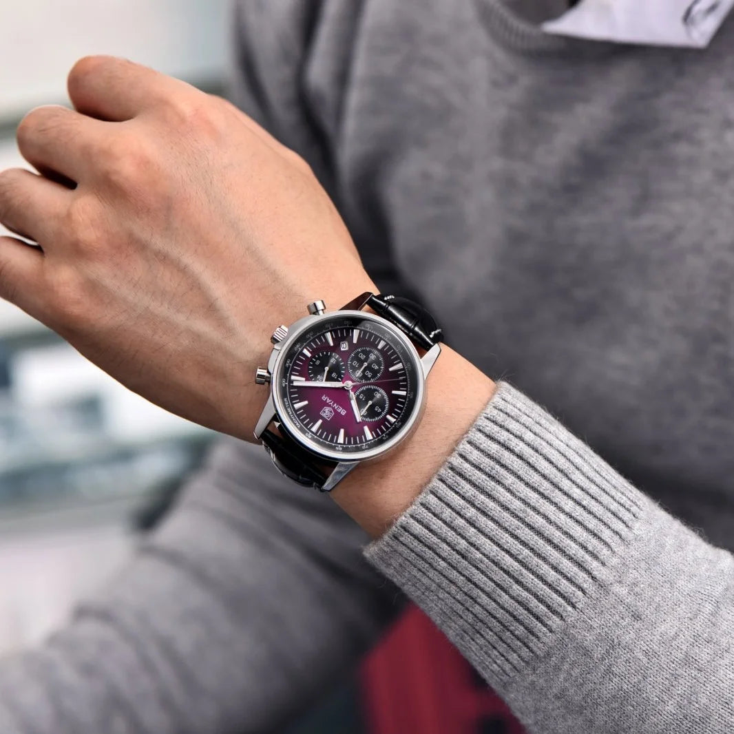 Reloj de lujo para hombre Benyar: cronógrafo con fecha, correa de piel, resistente al agua, luminiscente, estilo deportivo y militar, reloj de cuarzo