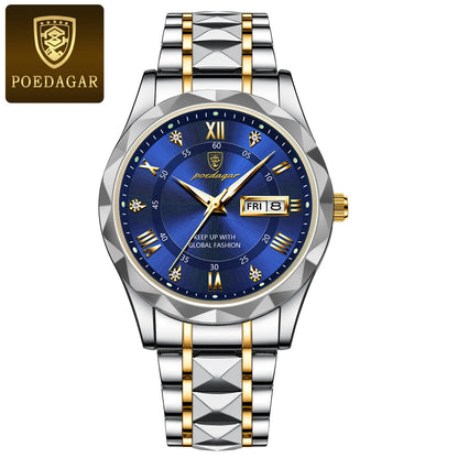 Reloj de hombre POEDAGAR Business Luxury, resistente al agua, de acero inoxidable, luminiscente, con fecha y día de la semana, estilo deportivo, de cuarzo.