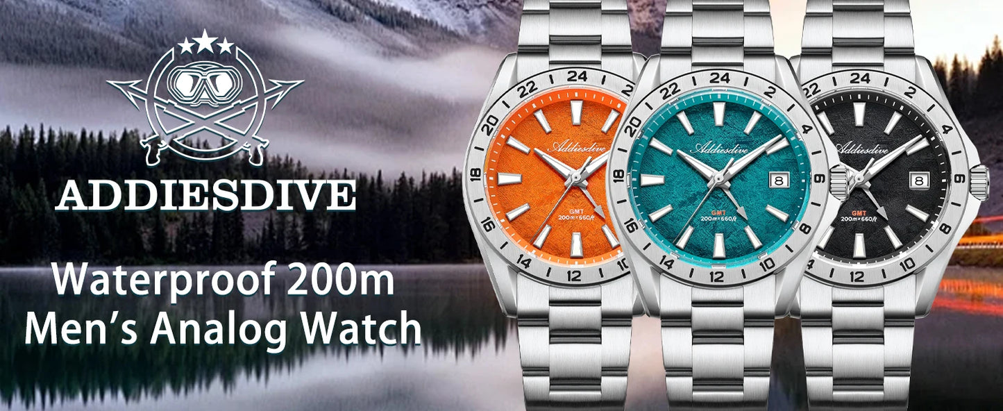 ADDIESDIVE GMT Men Quartz Watch Sapphire Crystal Swiss Ronda 515-24H Dual Time BGW9 Super Luminous 20Bar Waterproof Diver Watch
