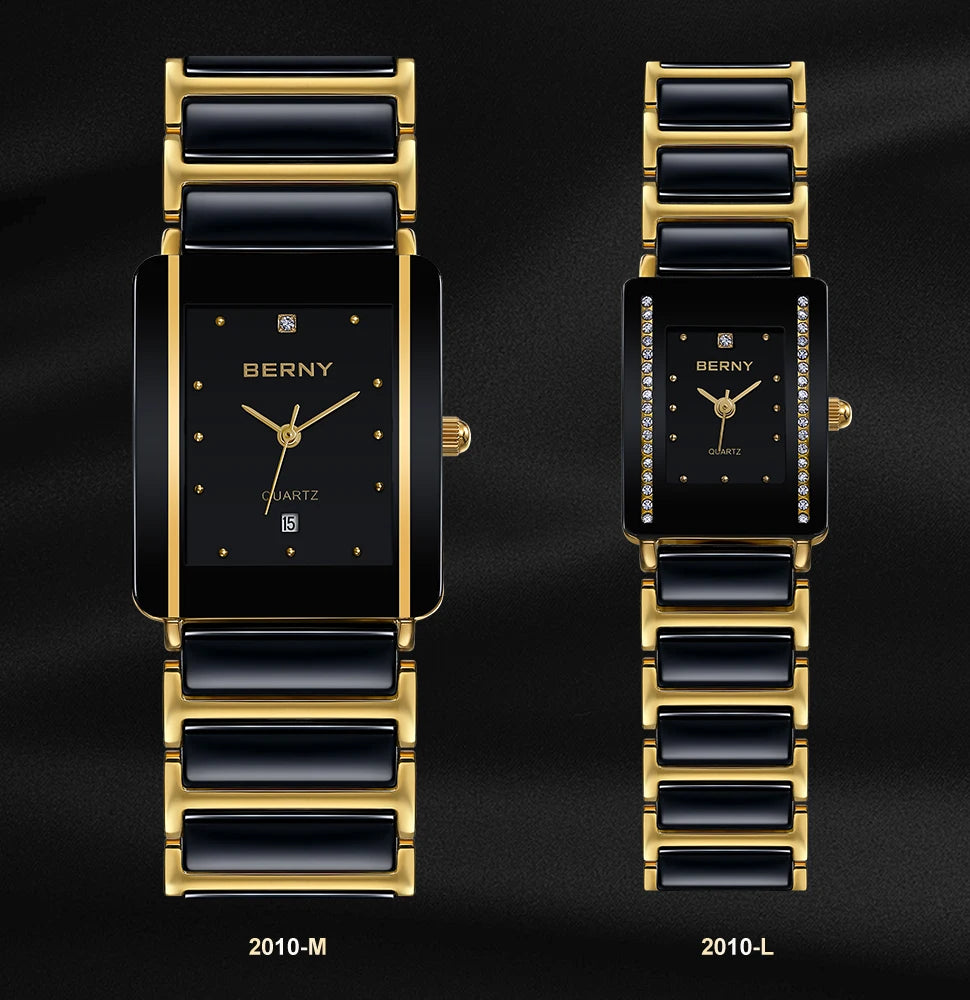BERNY Ceramic Quartz Men Watch Fashion Luxury Rectangle Wristwatch XV12 Waterproof Calendar Diamon Black Gold Couple Gifts Watch