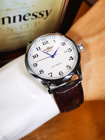 WINNER Men’s Watch – Classic, retro and elegant style – Automatic mechanical watch with date display – Luxury brand, steel case and leather strap