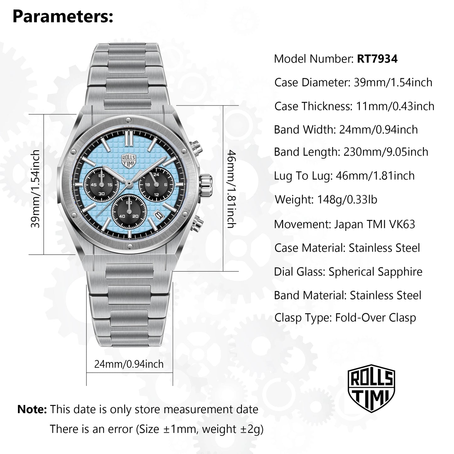 2026 RollsTimi Men's Watches Luxury Quartz Men's Watches Classic Sapphire VK63 Sports Chronograph Stainless Steel Calendar reloj