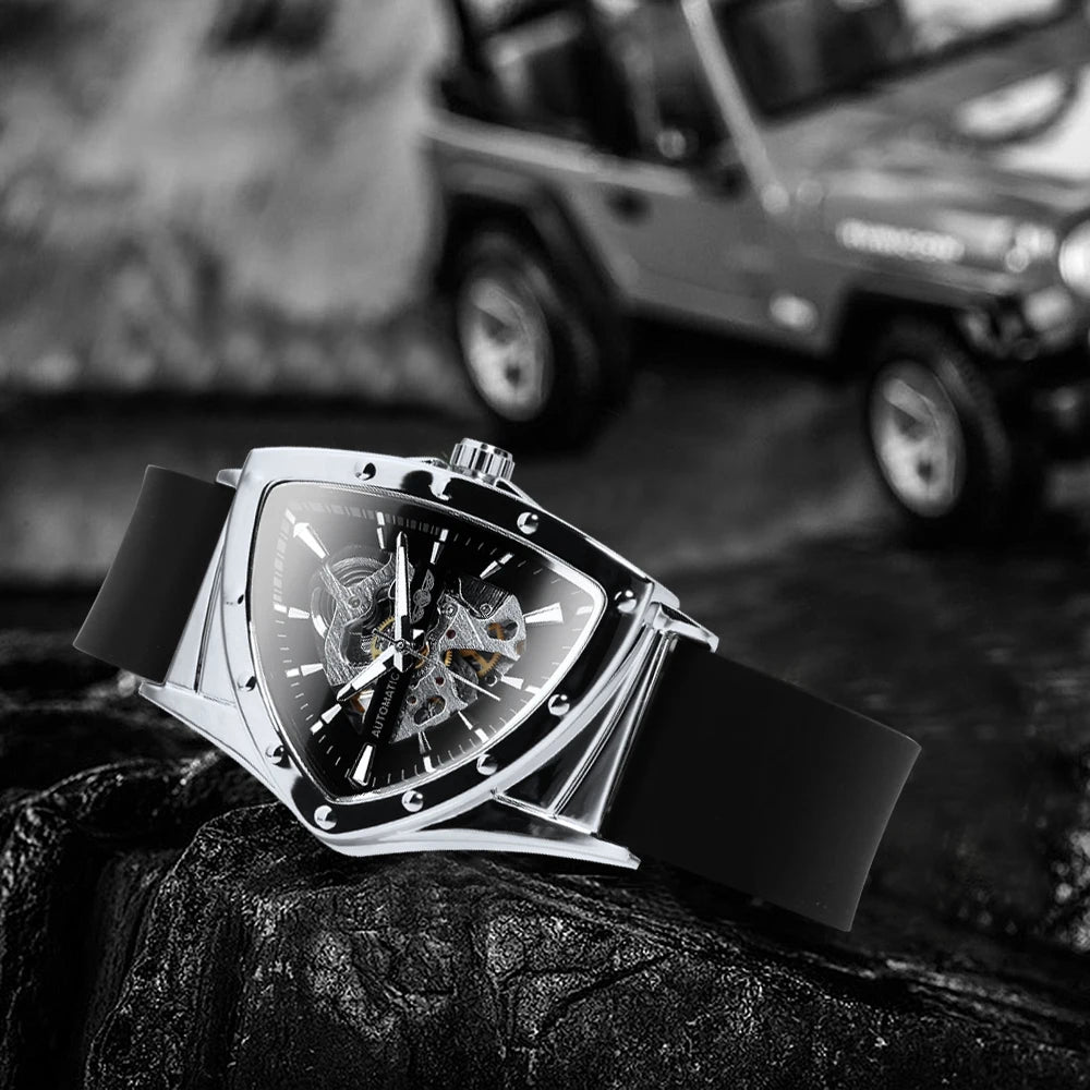 Orologio automatico da uomo WINNER, design scheletrato triangolare, lancette luminescenti, cinturino in gomma, stile militare, orologio meccanico di lusso