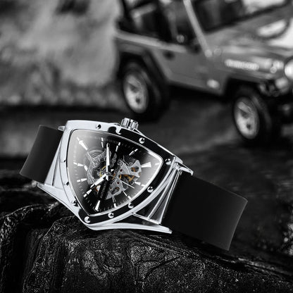 Orologio automatico da uomo WINNER, design scheletrato triangolare, lancette luminescenti, cinturino in gomma, stile militare, orologio meccanico di lusso