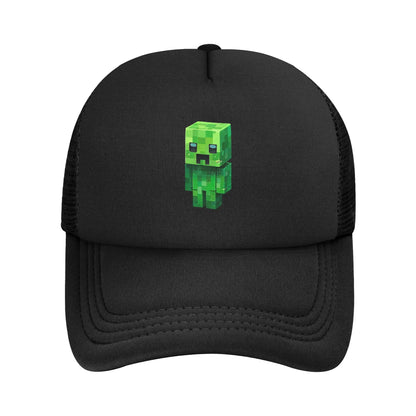 blocky adventurer discover a Creepers monster behind him Trucker Cap Sun Hats Cap Adjustable Snapback Caps Mesh Baseball Cap