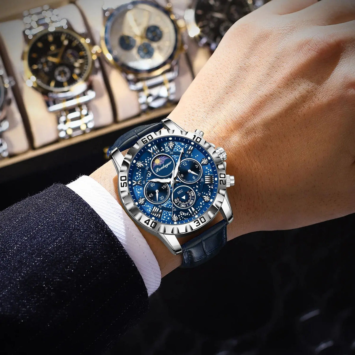 Reloj de pulsera de lujo POEDAGAR para hombre: cronógrafo deportivo, resistente al agua y luminiscente, con correa de piel y mecanismo de cuarzo