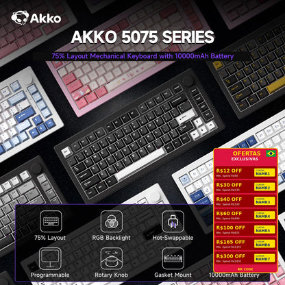 Akko 5075 V3 75% Mechanical Keyboard 8000/10000mAh 2.4GHz Wireless/Wired Type-C/BT 5.0 Hot Swap RGB Gasket for Gaming Typing