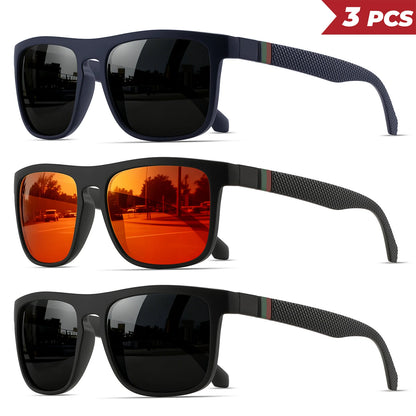 3PCS Classic Retro Polarized Square Sunglasses - Red/Green Stripe Temples, UV400 Unisex for Daily, Outdoor, Fishing & Driving