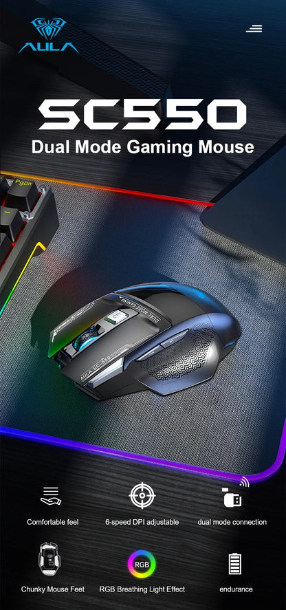 AULA SC550 bežični gaming miš, dvostruki način rada, punjivi svjetleći mehanički gaming miš za stolno/prijenosno računalo, e-sports USB miš