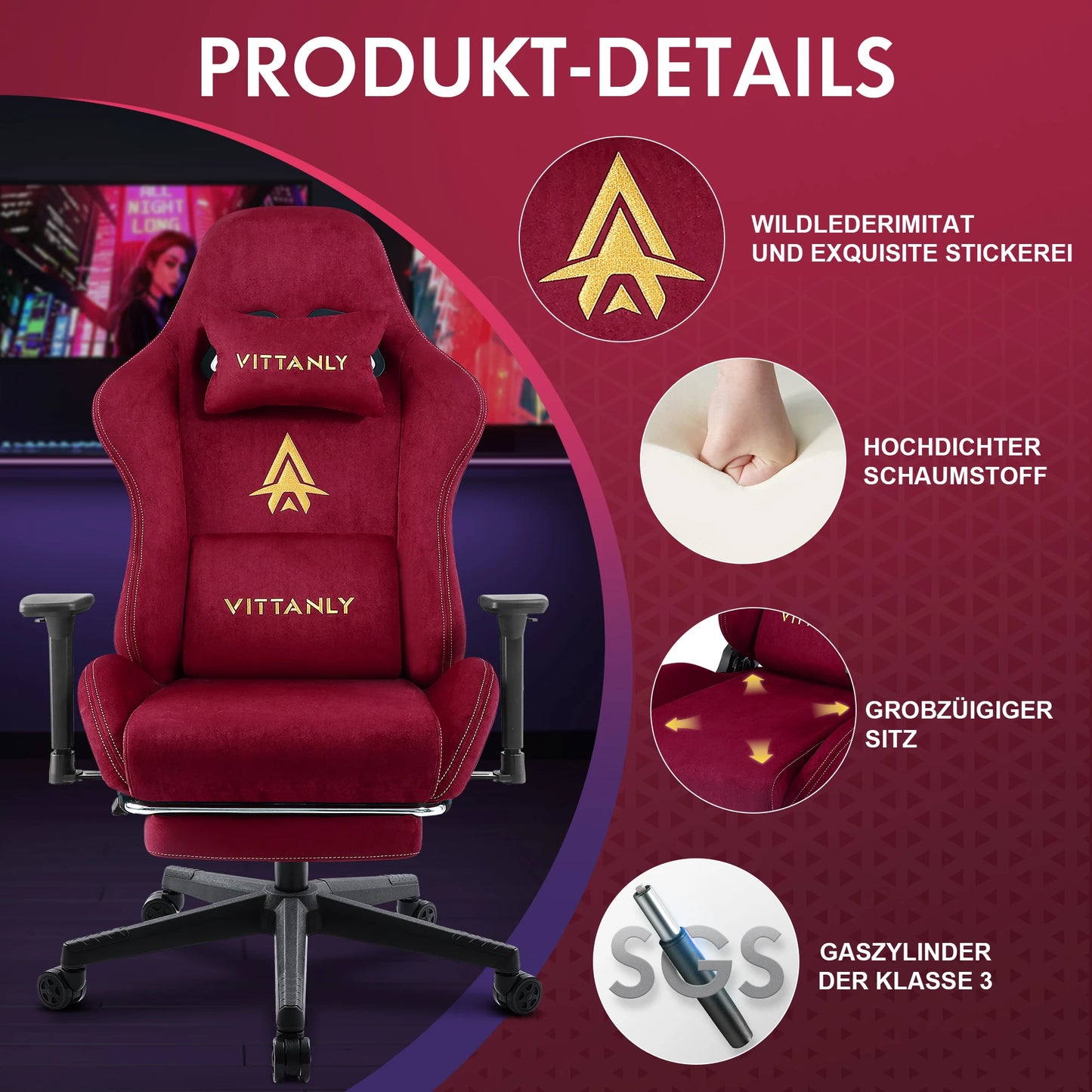 HAPIHAPPY Fashion Gaming Chair Genuine Leather Computer Office Chair with Footrest, Pocket Spring Cushion, Linkage Armrests, Ergonomic Game Chair
