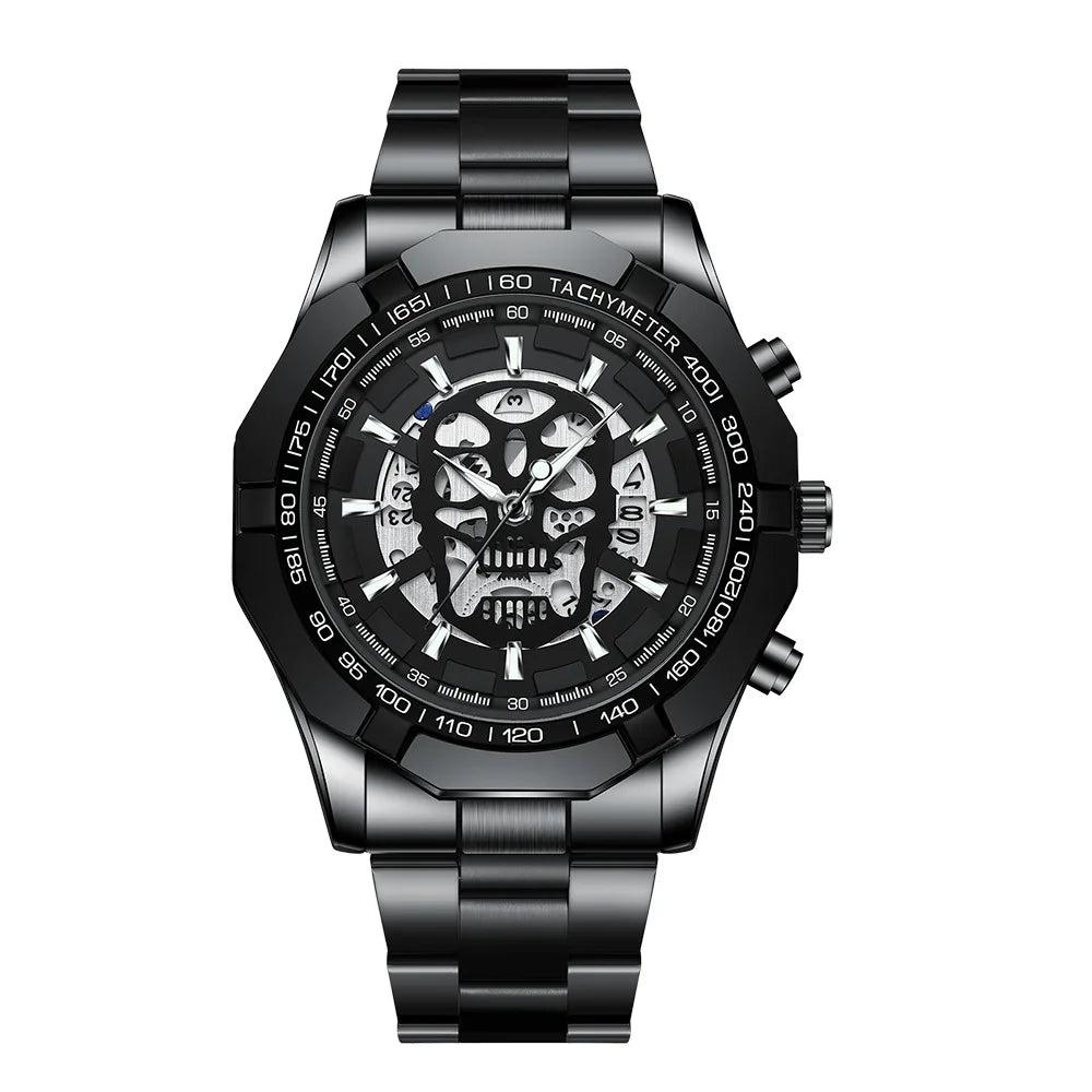 Montre-bracelet BINBOND pour homme, motif crâne squelette, à quartz précis, luxueuse, lumineuse, étanche, avec date automatique, robuste.