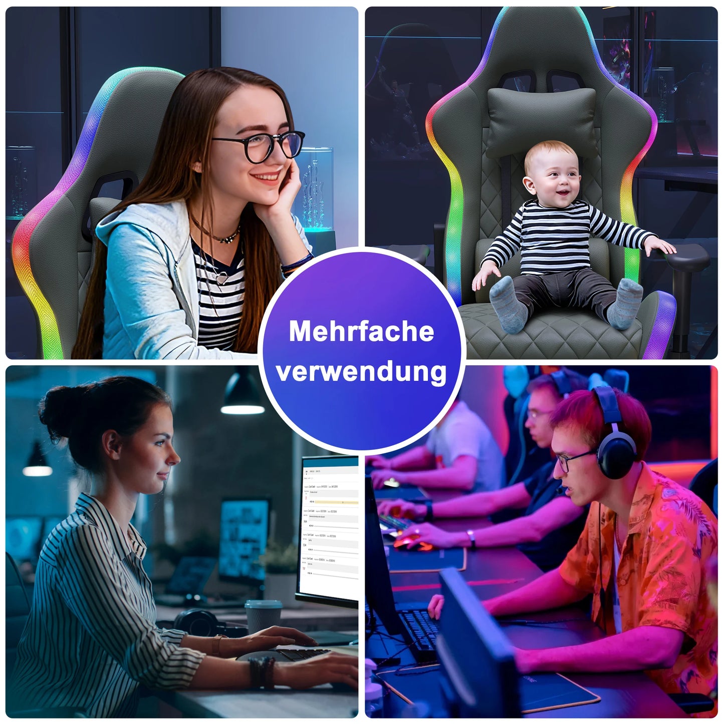 Anajqaqia RGB LED Gaming Chair with Lumbar Massage, Ergonomic Office Chair, Adjustable Reclining Computer Chair 90-135° Backrest