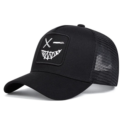 Unisex X Baseball-Netzkappen mit Stickerei eines lächelnden Gesichts und Zähnen – Sonnenhut für Frühling und Sommer, im Freien, mit Sonnenschutz, verstellbare Freizeit-Trucker-Kappen
