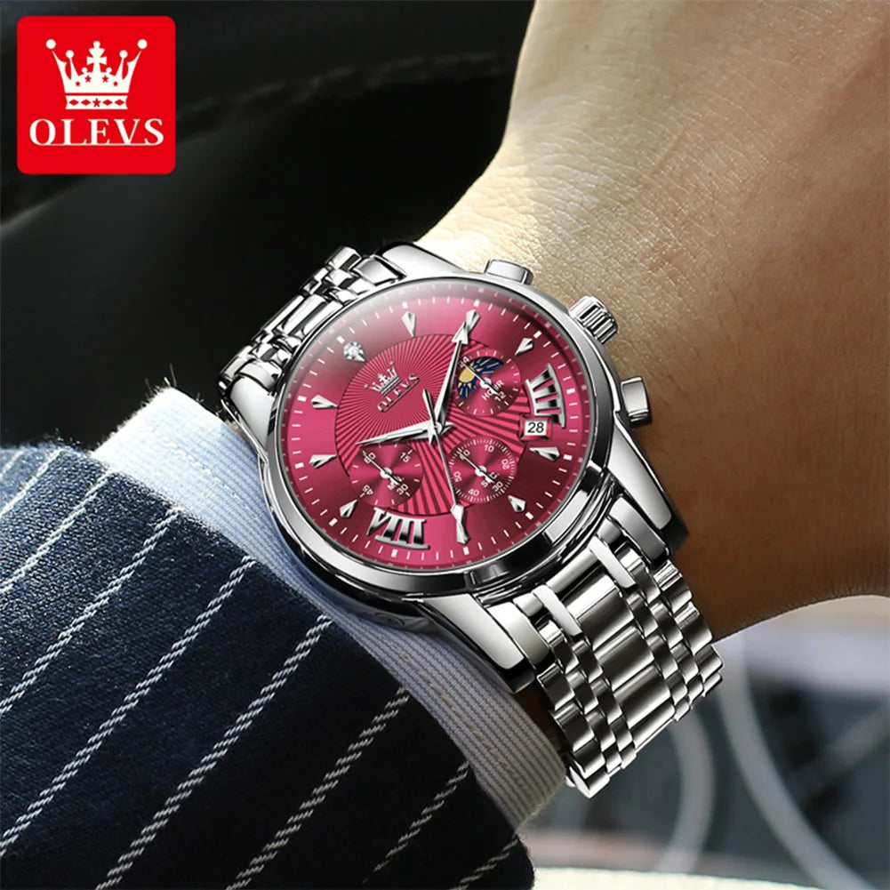 OLEVS Brand Fashion Red Watch For Men Luxury Sport Waterproof Stainless Steel Chronograph Quartz Watches Mens Relogio Masculino