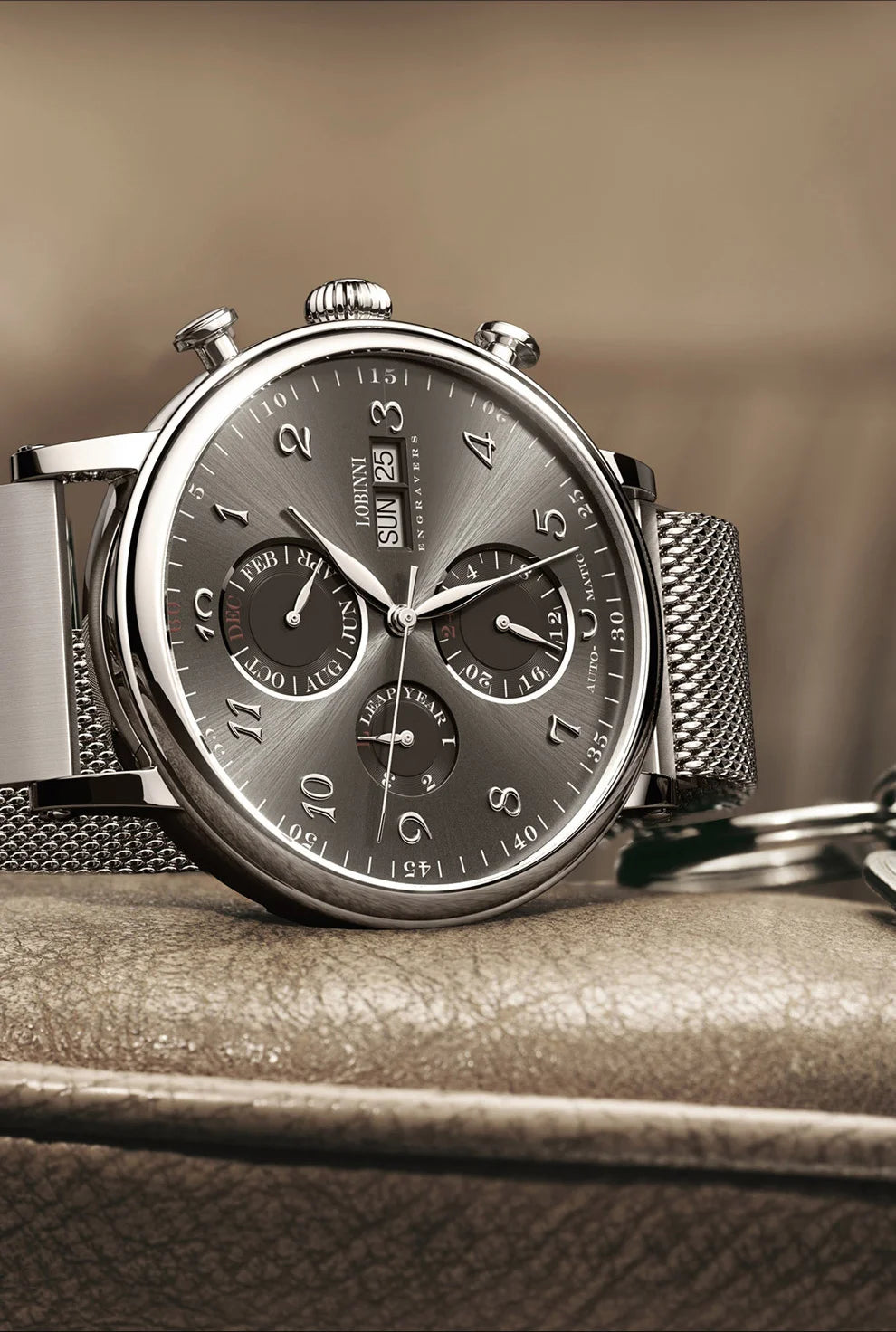 Relógio masculino mecânico automático LOBINNI Luxury Brand Switzerland com calendário perpétuo, vidro de safira e mostrador multifunções L13019-8