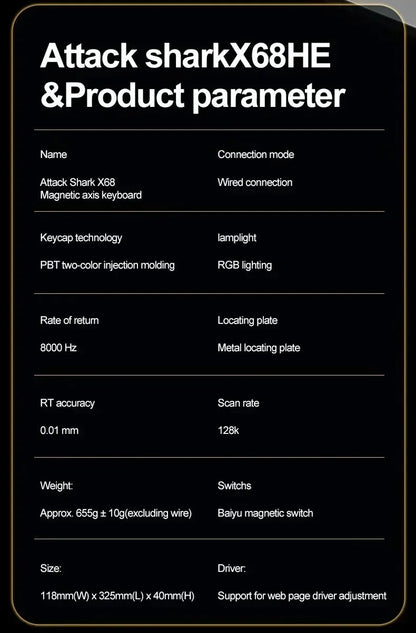 Attack Shark X68 He Gaming Keyboard Magnetic Mechanical Wired for Pro Gaming 0.01mm Rapid Trigg 8000Hz 128K Rate