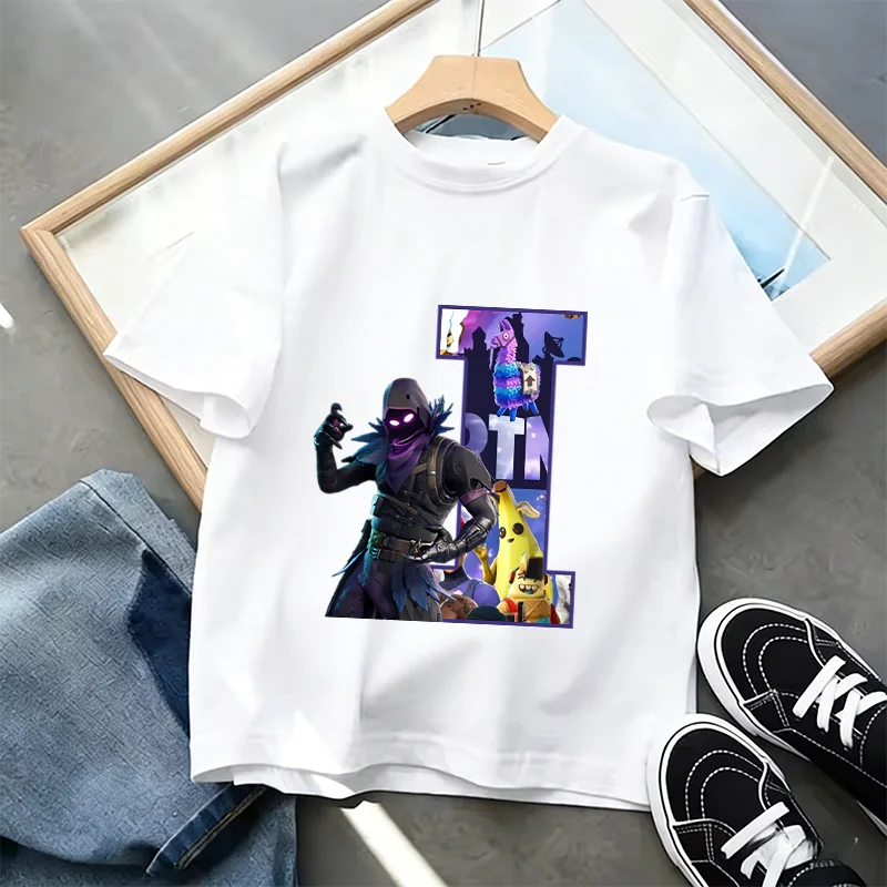 Fortnite A-Z Alphabet Print T Shirt Summer Kids White Clothing Popular Cartoon Game T Shirt Fashion Casual Short Sleeve Top Gift