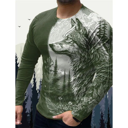 3D-printet Wolf Eagle T-shirt til mænd – T-shirts med vintage dyremønster – forår/efterår – langærmede T-shirts med rund hals – løse street-T-shirts