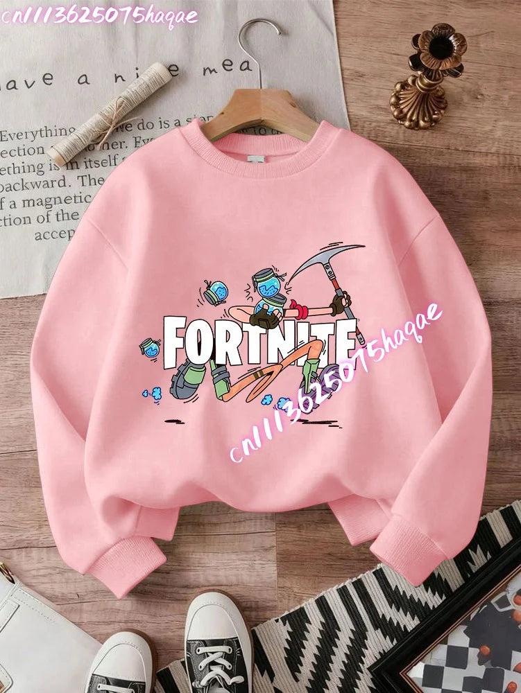 Sweat-shirts Fortnite novos para criança, hoodie com estampado de personagem de jogo em estilo cartoon, camisolas casuais de outono para criança, roupa de inverno para bebé menino