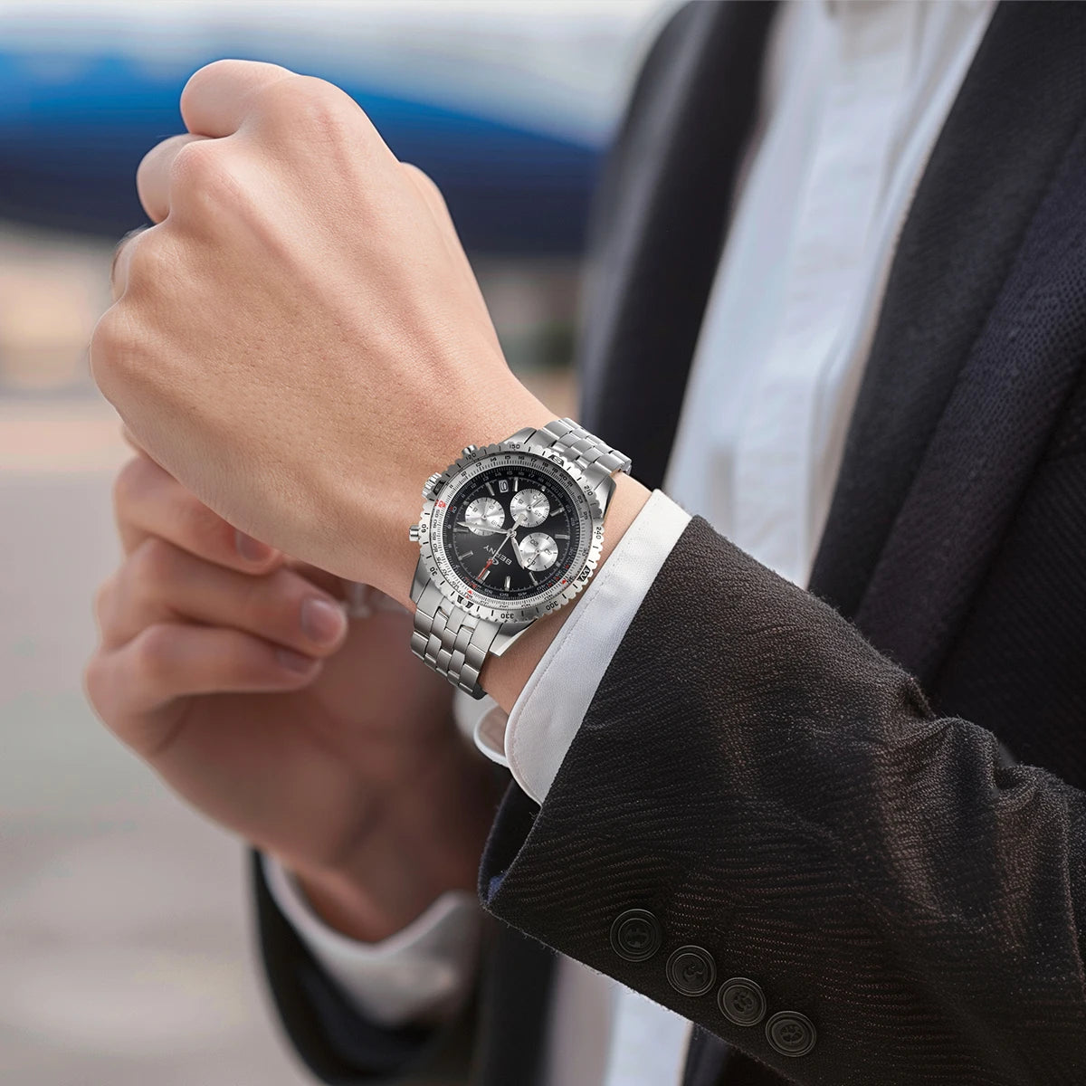 BERNY Chronographenuhr für Herren – Multifunktionale Quarzuhr im Aviation-Stil mit Datumsanzeige, Saphirglas und hervorragender Leuchtkraft – Luxuriöse Armbanduhr für Herren
